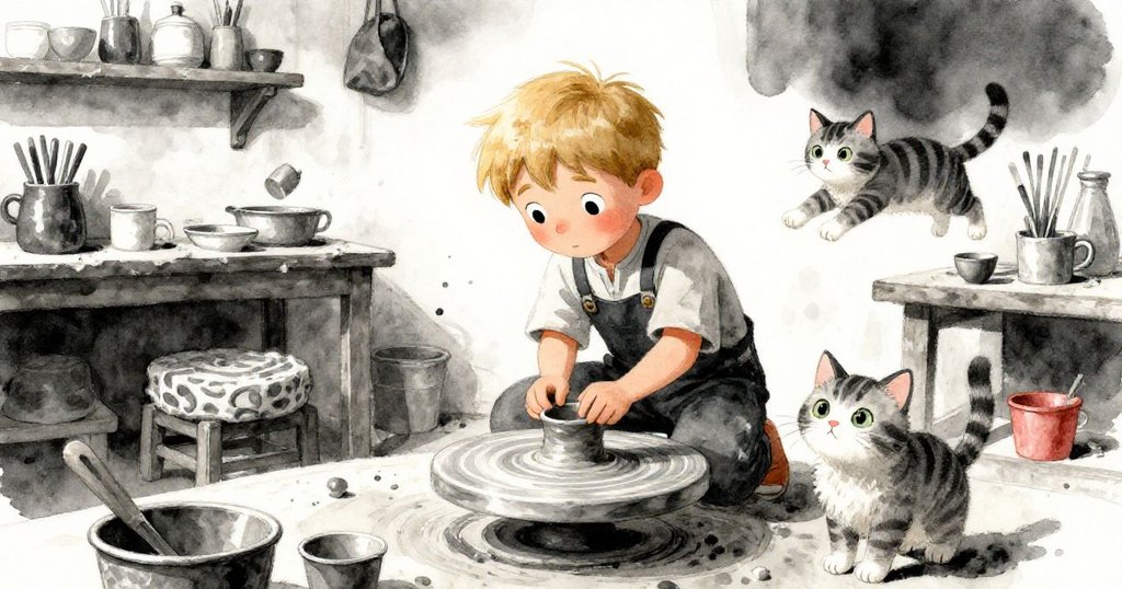 Kent驚慌中看著陶泥基座動搖，工作台上杯子震動，虎斑貓急速跳躍，動態場面充滿短暫混亂與緊張氣氛。