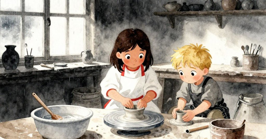 工作室氛圍恢復平靜，Lyra重新固定陶泥，Kent安靜等待，窗外細雨輕敲，勺子靜靜沉睡，結局充滿溫馨與反思。