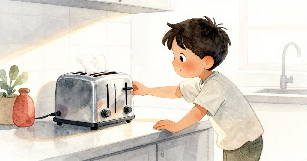 Owen從低角度俯身觀看廚房櫃台,觸碰微暖金屬物品,神情專注又好奇,背景細節充滿溫暖光線。