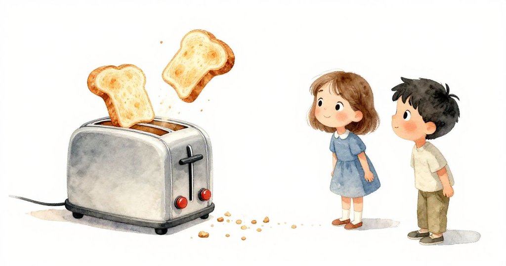 烤麵包機彈出兩片吐司精準落在麵包屑上,Iris與Owen驚訝凝視,場景充滿夢幻與柔和光暈。