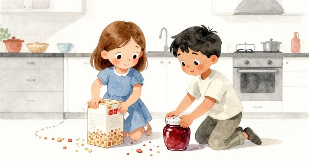 Iris與Owen忙於調整傾斜物品,使用濕布穩定麥片盒和果醬罐,桌上麵包屑紛飛,展現出緊張合作的氛圍。