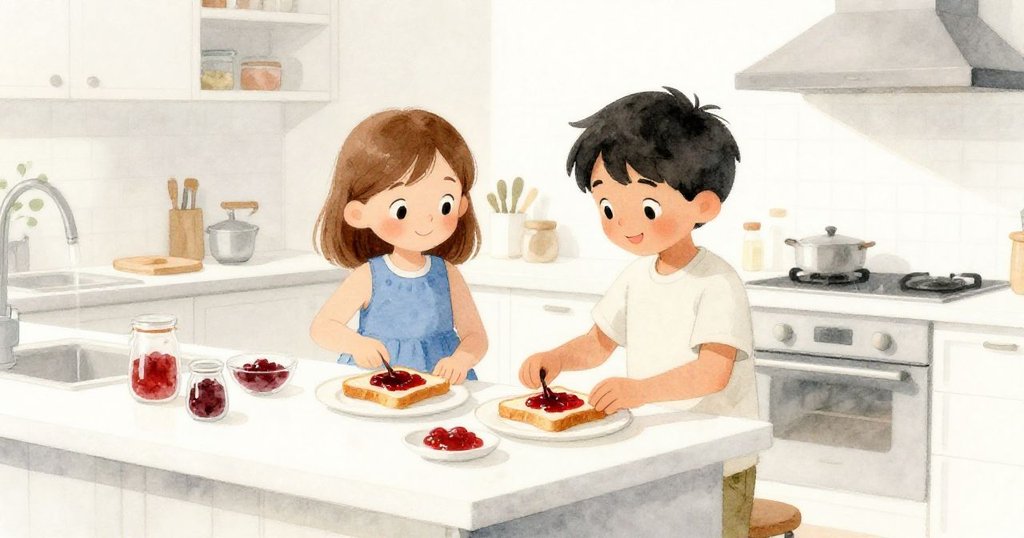 Iris與Owen在整潔廚房櫃台前滿意微笑,吐司與果醬完美結合,物品依序排列,晨光柔和平靜收尾。