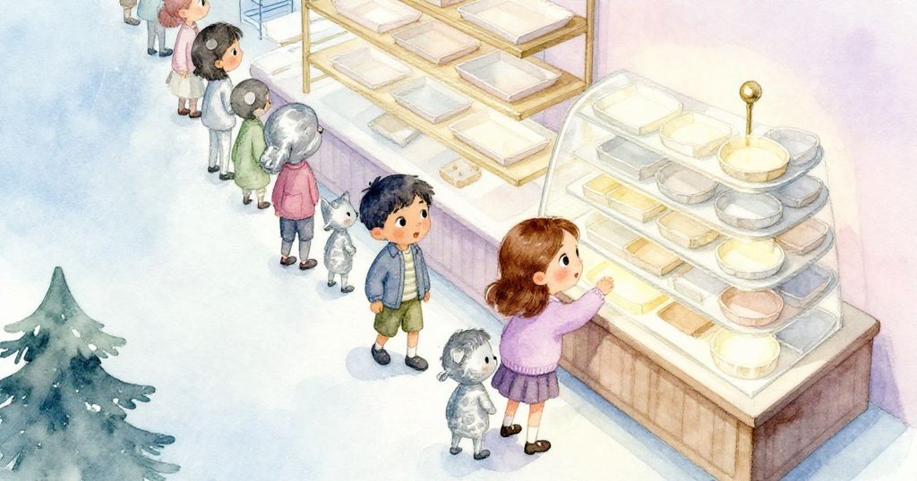 奧莉芙在溫暖麵包店中俯視貨架，檢查空缺發光的第八托盤，裡面有排隊等待的朋友裘德，充滿期待的神情。