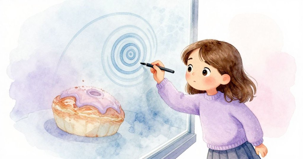 奧莉芙專注地用濕潤袖子在霧玻璃上畫出螺旋線，透過漸清的痕跡顯現出一個精緻點心，構圖角度充滿創意。