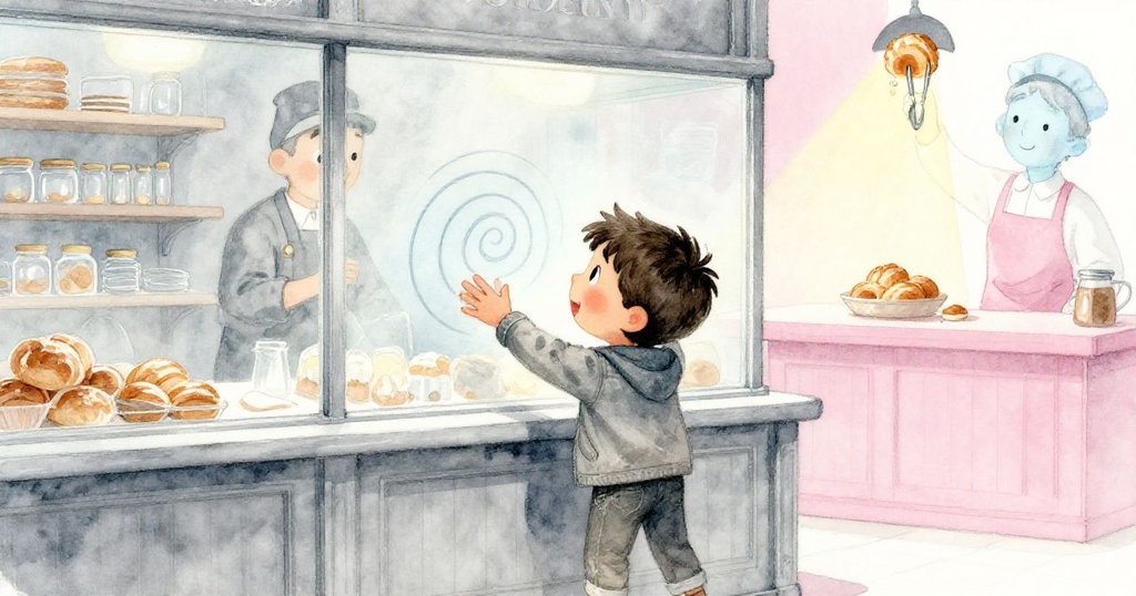 裘德在櫃台前自信地拉開螺旋裂縫，店員用夾子小心提起精緻的捲狀點心，背景霧氣營造神秘感。