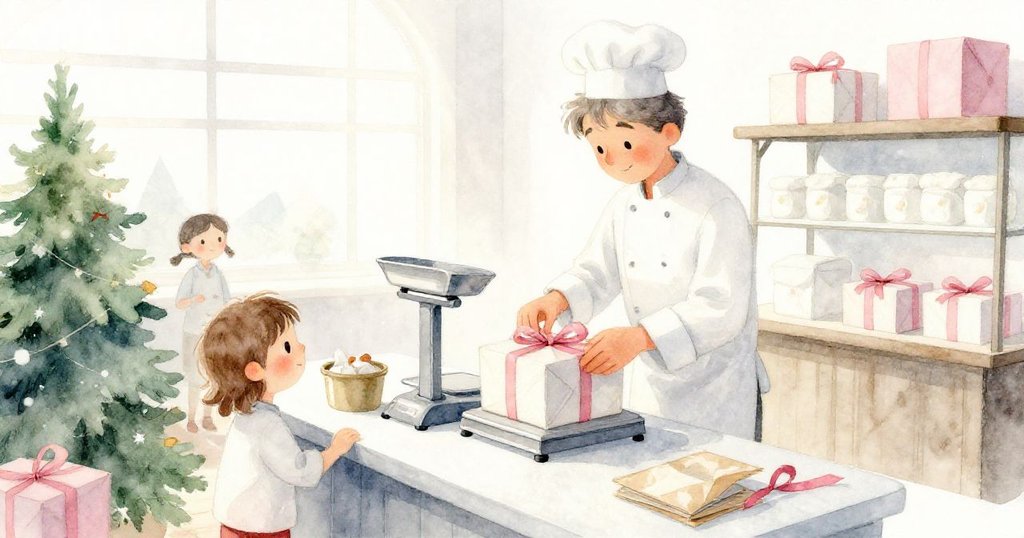 文斯在包裝站專心綁緊盒子上的緞帶，柔和光線中完成一天的工作並展現平靜告別的氛圍。