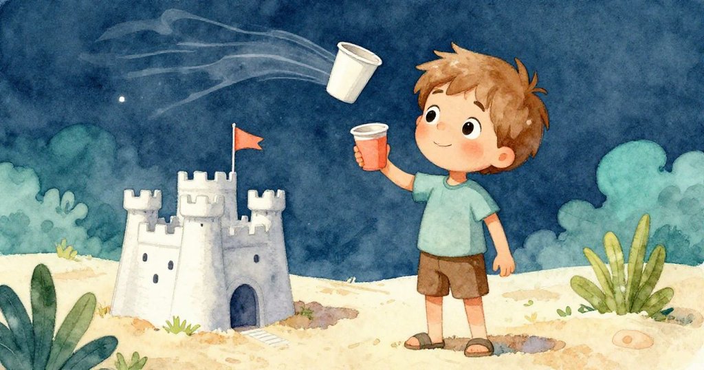 Theo專注地手握堡壘模具，旁邊紙杯隨風舞動，沙盒與木製邊框襯托出細膩對比。