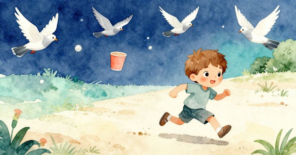 從高處俯瞰，Theo急速奔跑追逐飄揚紙杯，臉上流露決心，沙粒隨風飛舞，鴿子振翅欲飛。