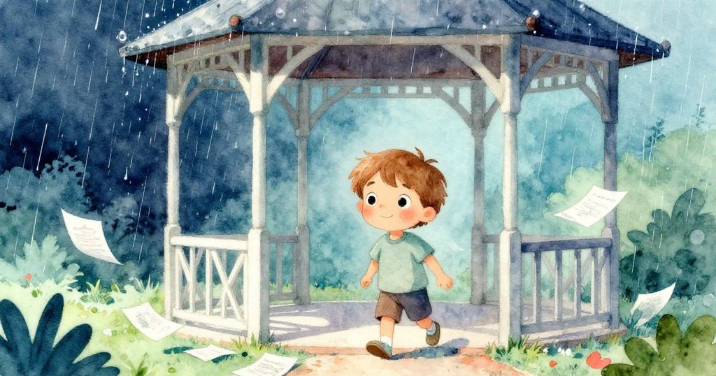 細雨中，Theo走向金屬屋頂的涼亭，撿起飄零濕紙頁，背景有鴿子隨雨調整飛行，充滿雨季清新氣息。