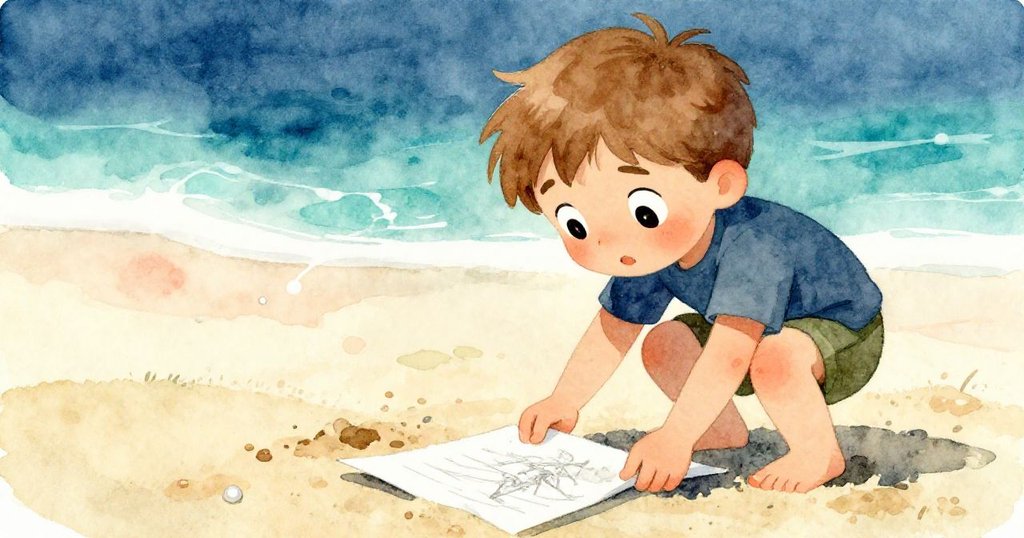 Theo彎腰撿拾被風吹散的濕潤紙頁，臉上流露出堅定與猶豫，近距離呈現手與紙間細膩互動。