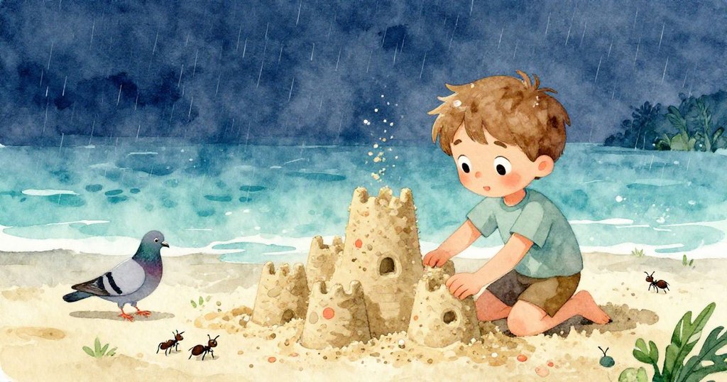 在漸厚雨勢中，Theo仔細填沙重塑堡壘，利用邊沿製作支撐，遠處鴿子退隱、蟻群潛藏，畫面呈現堅持與平靜共存。