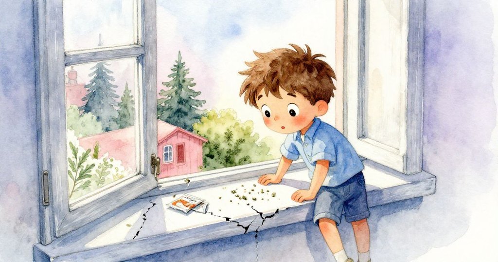 Finn好奇地靠近裂縫窗台，觀察散落的香草種子和破損包裝，室內柔和燈光營造溫馨神祕感。