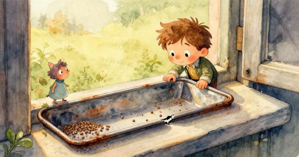 Finn專注地傾倒香草種子到小金屬容器中，手部細節清晰，木桌和種子紋理豐富，表情堅定。