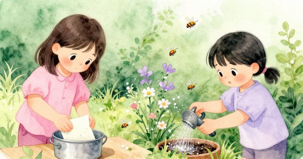 Suki在室內精心分隔紙條，Iris於戶外澆灌花園，兩邊畫面分明，洋溢著細膩與生機的氛圍。