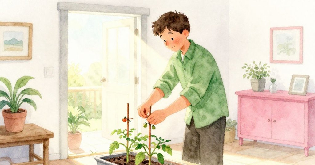 Max在新室內空間內細心綁紮番茄支架，陽光灑進室內，營造出溫馨安定的家居感。