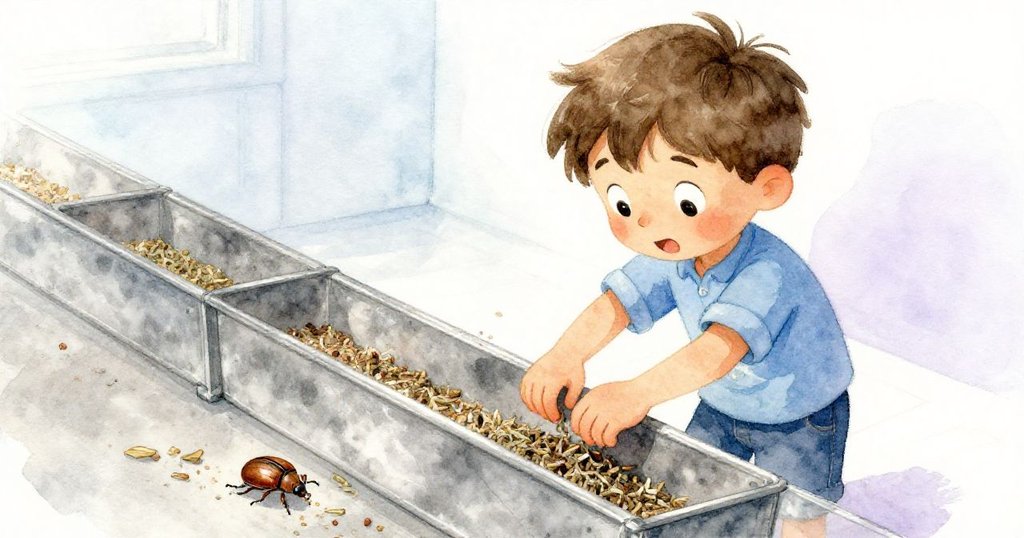 Finn調整香草種子排布，一隻小銅甲蟲在碎屑間穿行，表情專注又帶驚喜，室內光影柔和。