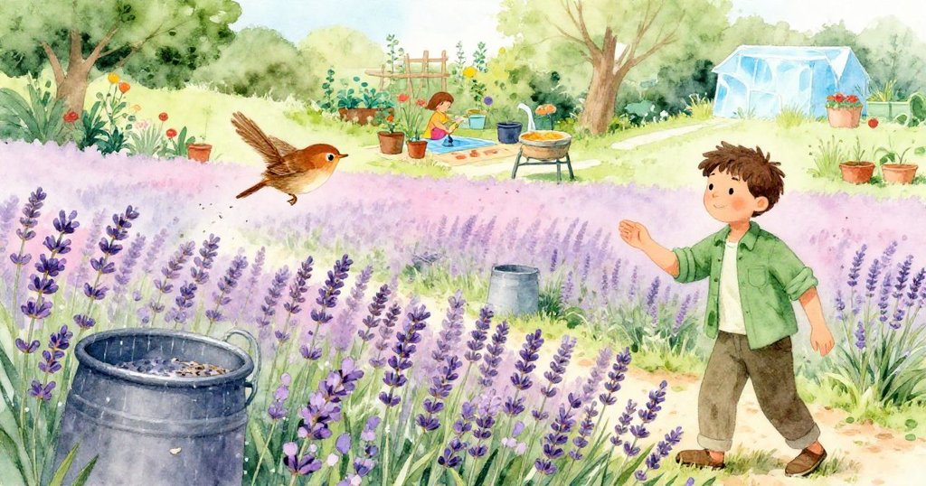 戶外場景中，一隻小鳥迅速捕捉雨桶上的種子，遠處薰衣草田延展著故事餘韻，溫馨自然充滿活力。