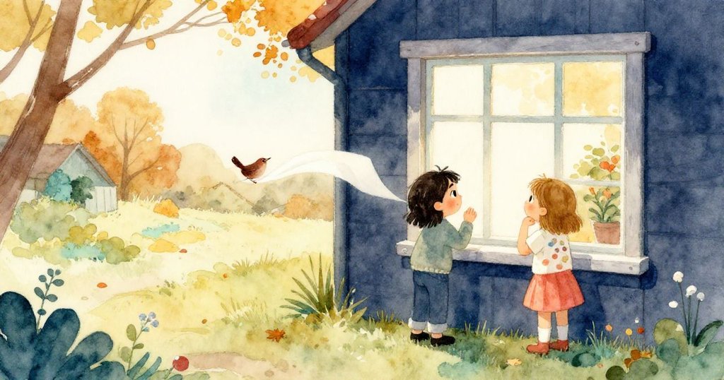 在金色秋日午後，Wren與Thea站在窗邊注視搖曳窗簾，背景呈現溫暖家園與秋天落葉風景，滿懷好奇。