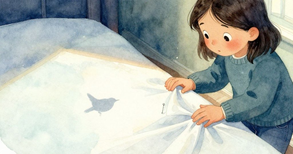 室內特寫呈現一顆小針刺破窗戶投下流動陰影，Wren伸手撫平布料，空白背景突顯神秘氛圍與柔和光線。