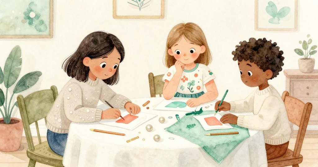 溫馨室內場景中，Felix在道具桌上製作造型，Wren與Thea專注修補布料，彼此互動中洋溢著創意與決心。