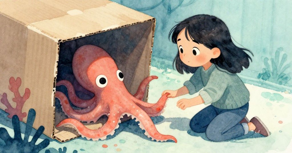 Wren驚喜地發現藏於鞋盒後的紙板魷魚，其彎曲手臂映出柔和光影，臉上表情充滿好奇神秘感。