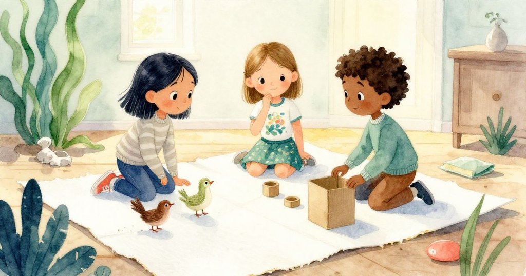 在柔和光線下，Wren、Thea與Felix齊聚於修復完美布景前，卡紙魷魚與蛋糕狀木偶交織出歡樂陰影，成就感洋溢。