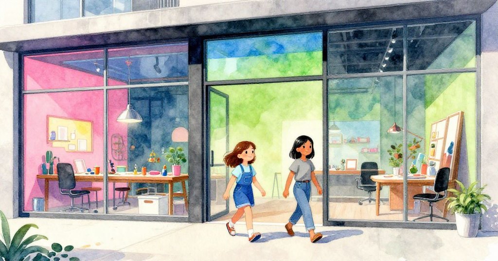 在現代工房外，Olive和Vera滿懷期待地走向充滿霓虹色光芒的大玻璃窗建築，展現開端與希望。