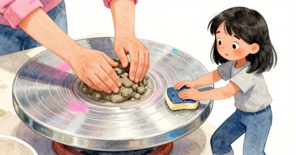 Olive專注按壓黏土，特寫展示金屬轉盤與粗糙泥塊細節，Vera在旁準備海綿，現場充滿霓虹色光澤。