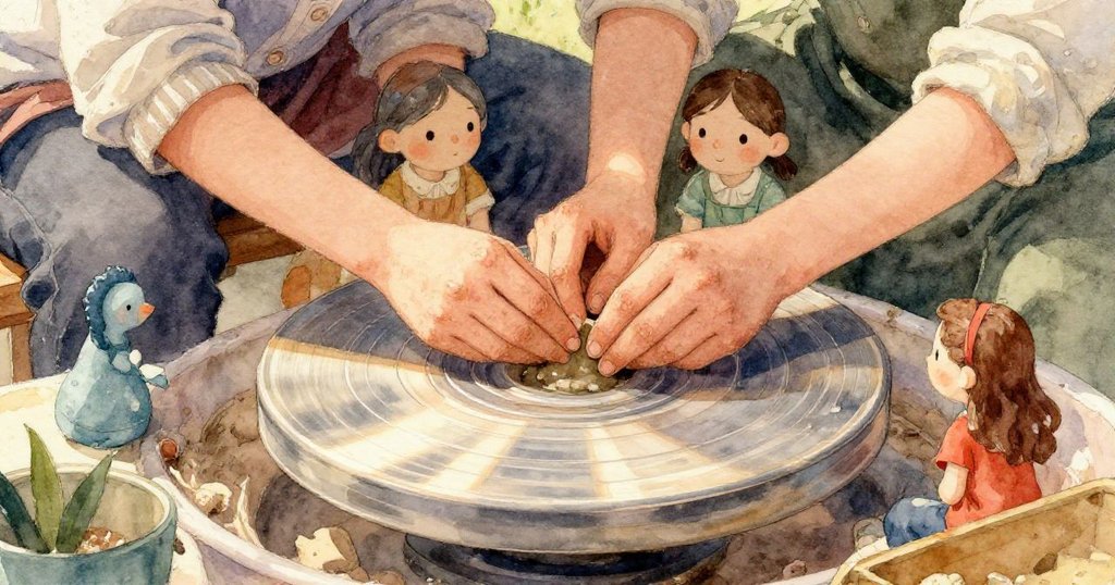 透過大玻璃窗，觀看內部活躍的工房，轉盤旋轉，工具明亮，充滿電藍與酸綠霓虹光影，展現發展階段。