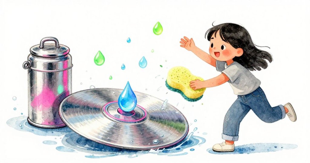 Vera揮動海綿引起水滴飛濺，水珠在霓虹色光影中閃爍，背景金屬工具閃閃發光，展現動中之美。