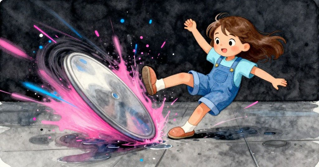 Olive在背光濕滑地板上滑倒，水泥飛濺，轉盤模糊動作，霓虹光線強烈，刻劃緊張反應。