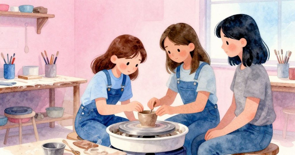 在充滿霓虹柔光的工房中，Olive小心舉起金屬邊條，Vera滿懷欣慰望向已完美成型的黏土杯，表現結局寧靜。