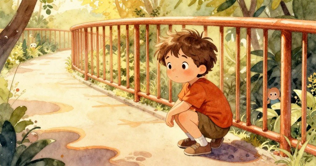 Blake在動物園小徑上蹲下，用心觸摸金色光影與箭形陰影，神情專注描繪畫本。