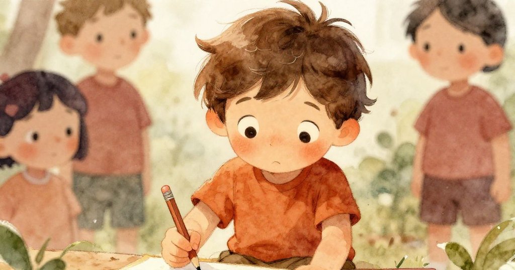 Blake專注描繪光影，臉上流露好奇與專注，手持鉛筆凝神細看畫本細節。