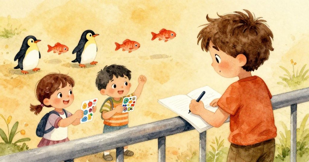 Blake用心畫光影，前景孩子交換貼紙，遠處企鵝嬉戲追紅魚，場景層次分明動態豐富。