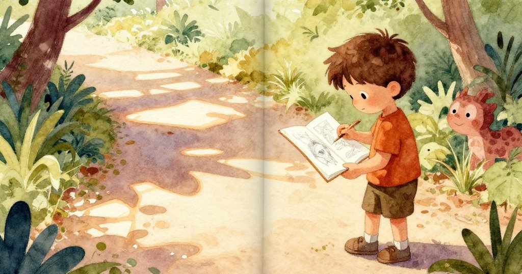 Blake停下比對舊稿與新光影，手觸真實與圖畫交融，神情中透露創意與思索。