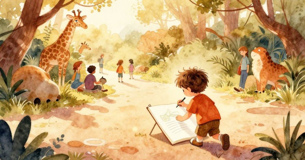 Blake回到畫作旁靜心作畫，背景訪客低語相伴，整個動物園小徑光影交錯、寧靜祥和。