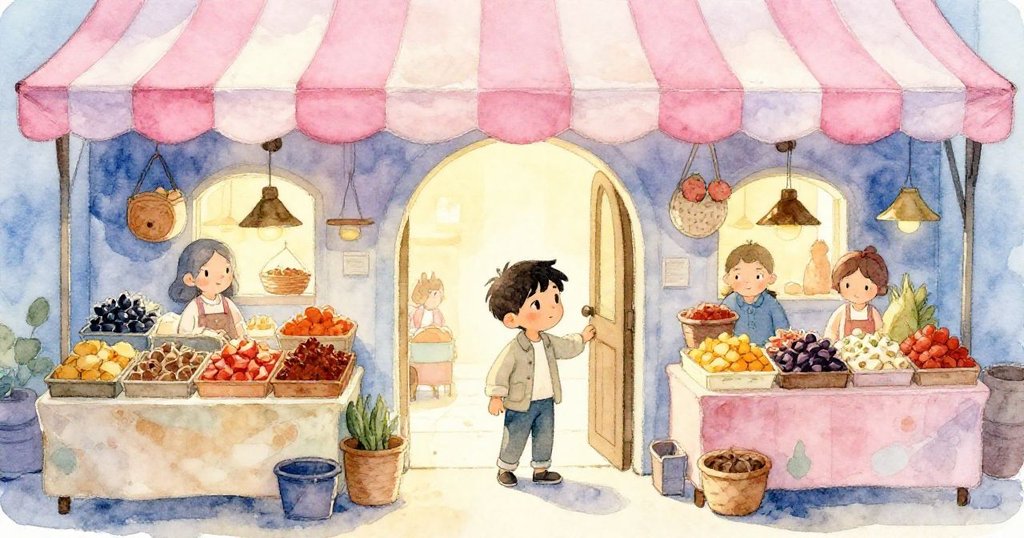 胡果走進充滿柔和粉色與淡紫色彩的香料市場入口，表情好奇，背景擺滿攤位與陽光灑落，充滿冒險氣息。