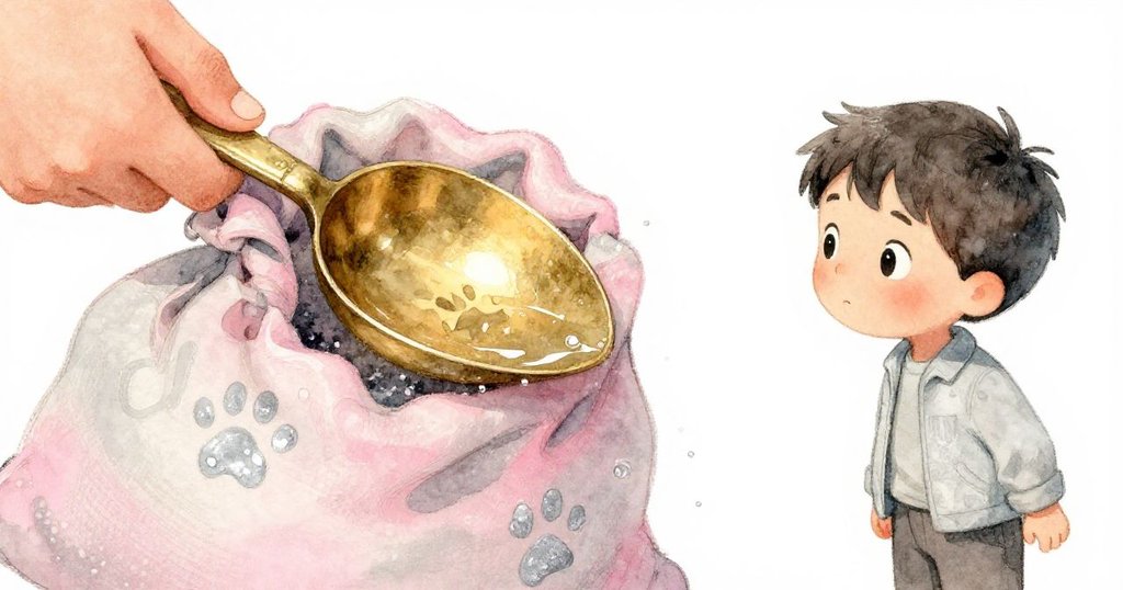 胡果握著閃亮的黃銅鏟，近拍呈現他專注表情和香料袋上濕漉漉的爪印，充滿神秘細節。