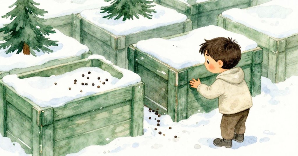 從胡果背後看見他正探查木箱間隙，注意到滾動胡椒粒與精緻小貓爪印，散發著細膩神秘感。