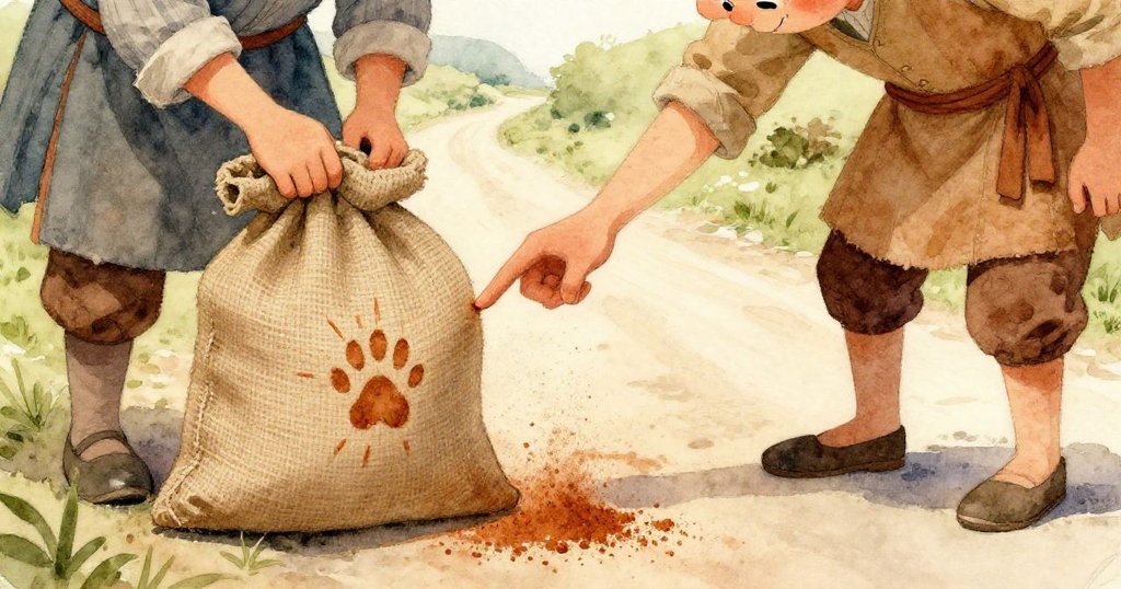 左側展示真實市場中散落的香料箱與爪印，右側呈現發光閃爍鬚毛神秘小貓，營造奇幻與真實交融感。