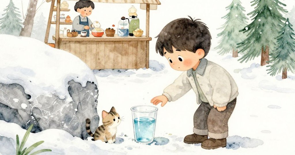 胡果面帶關切輕推裝滿涼水的杯子，幫助躲藏小貓，背景隱約見到忙碌茶攤，充滿溫柔抉擇。