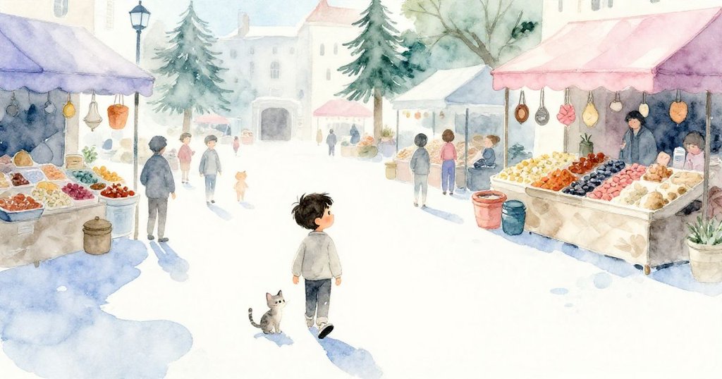 胡果帶著小貓走向陽光廣場，遠離熱鬧市場，水面映出微光，場景溫馨平靜，結局和諧。