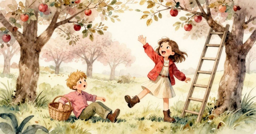 在陽光灑落的果園中，Joy呼喚著傳籃子，Felix正推動籃子沿青草前進，場景充滿活力與期待。