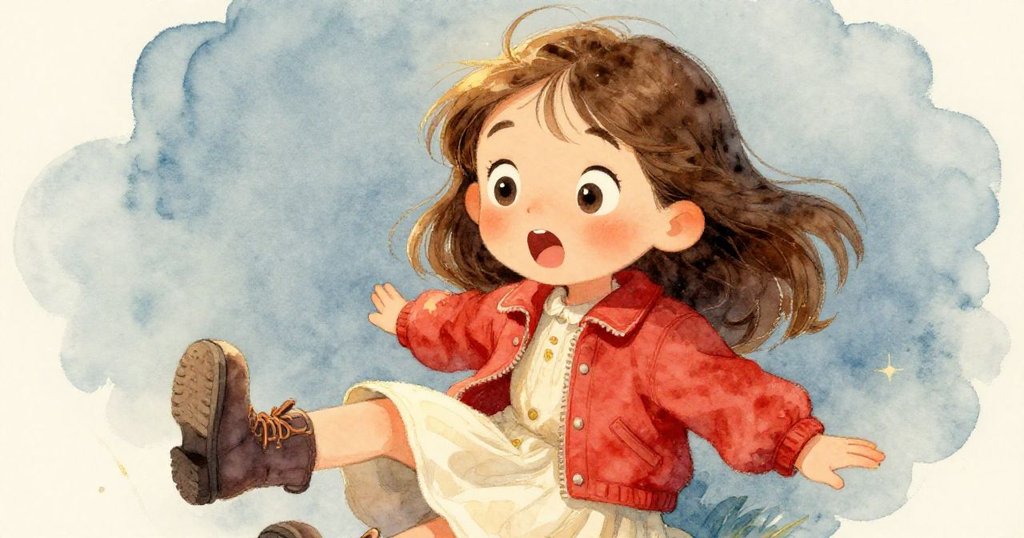 Joy面部特寫，眼神驚訝注視遠處飄動的紙片，背景隱約見果園和籃子，情緒充滿好奇與期待。