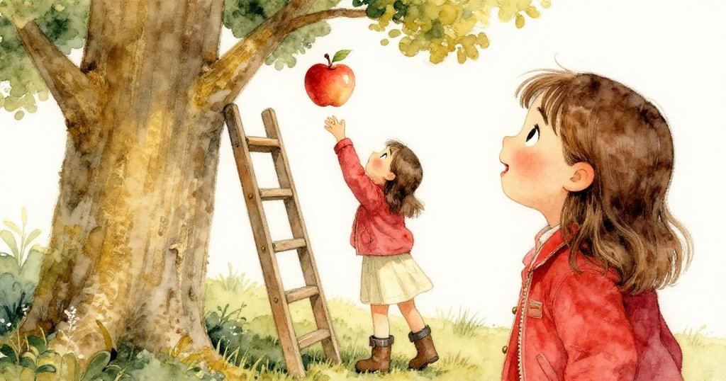 從Joy背後視角看，梯子上蘋果緩慢轉動，Joy專注凝視樹幹，現場呈現自然風景與懸念。