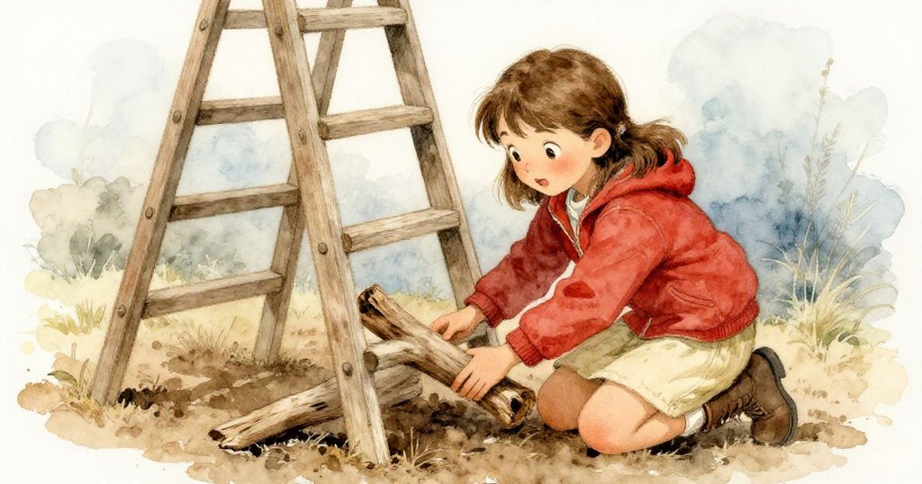 Joy跪在濕潤的土地上，用樹枝穩定搖晃的梯子，神情認真，彷彿記憶與現實交織，充滿懷舊色彩。