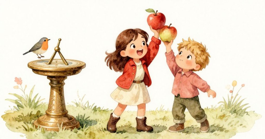 Joy與Felix協力將破損的蘋果搬向整理桌，知更鳥在旁鳴唱，場面充滿合作與快樂的氛圍。