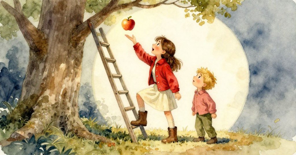 在熟悉的戶外環境中，Joy與Felix注視著梯子上持續旋轉的蘋果，象徵著故事循環與持續努力的結局。