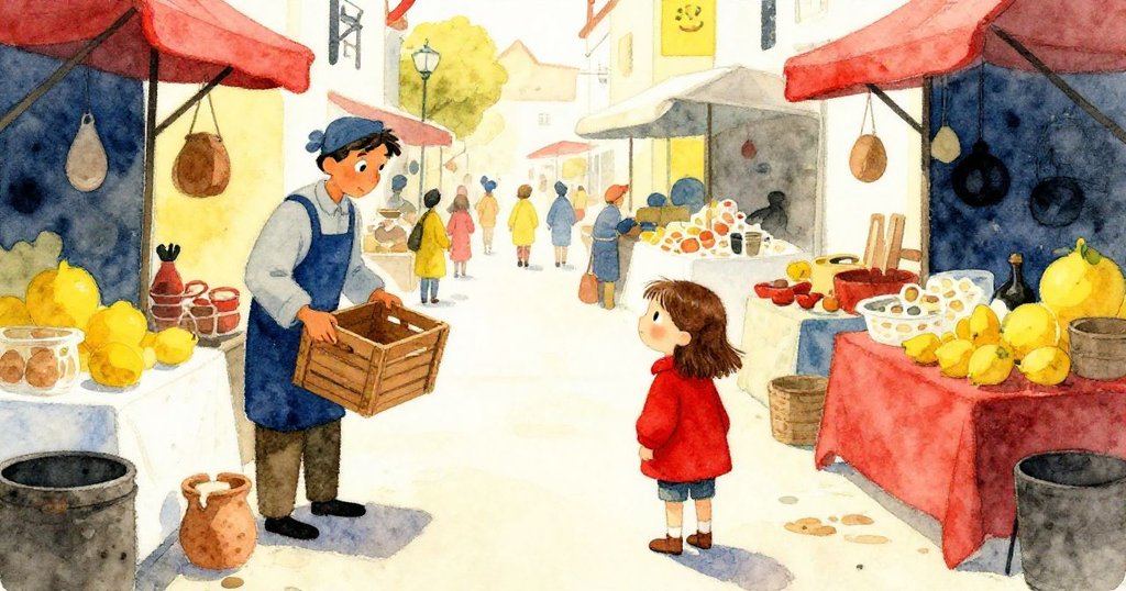 露娜站在市集陶器攤位邊緣好奇注視著攤販卸下黏土箱子，市集巷弄中透出溫暖晨光與生動氛圍